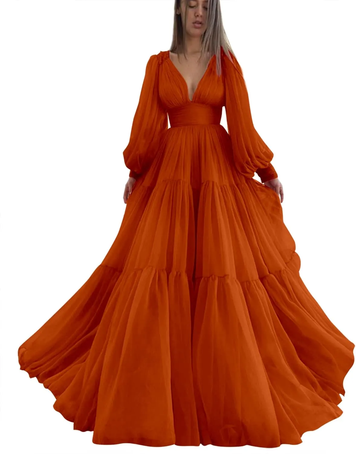 Long Puffy Sleeve Prom Dress V Neck Empire Waist Ball Gown Tulle Formal Evening Gowns for Women Formal
