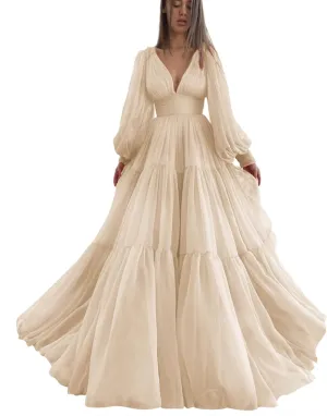 Long Puffy Sleeve Prom Dress V Neck Empire Waist Ball Gown Tulle Formal Evening Gowns for Women Formal