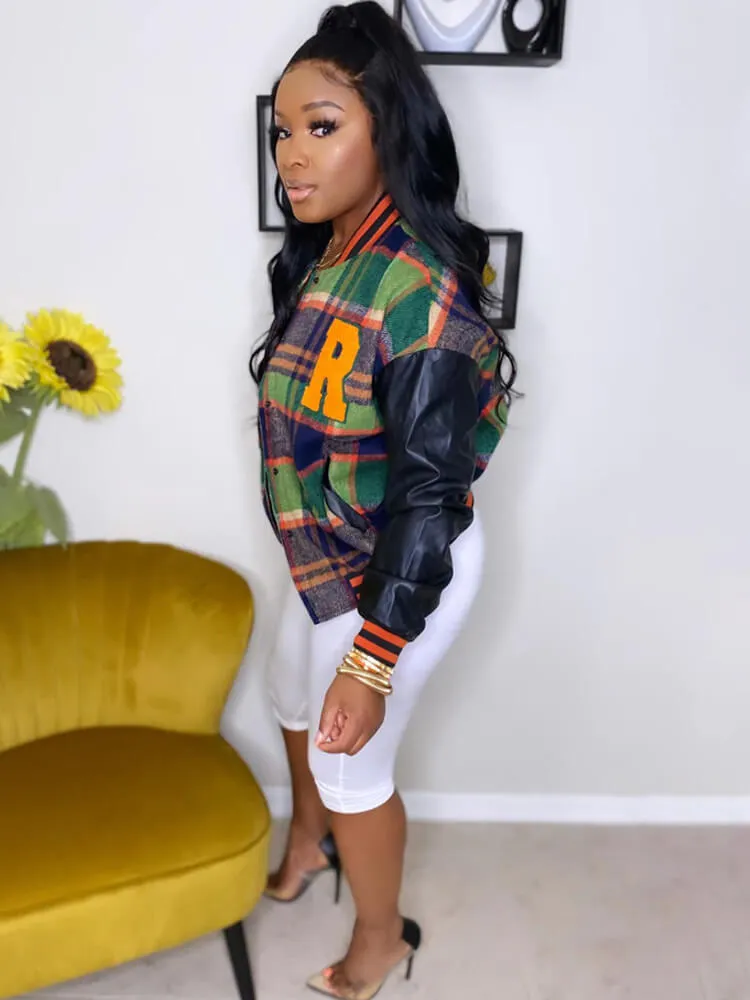 Long Sleeve Plaid Print Baseball Jackets