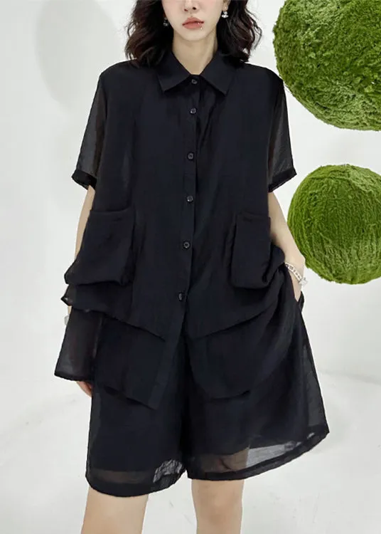 Loose Black Asymmetrical Patchwork Shirts And Shorts Cotton Two Pieces Set Summer LY9496