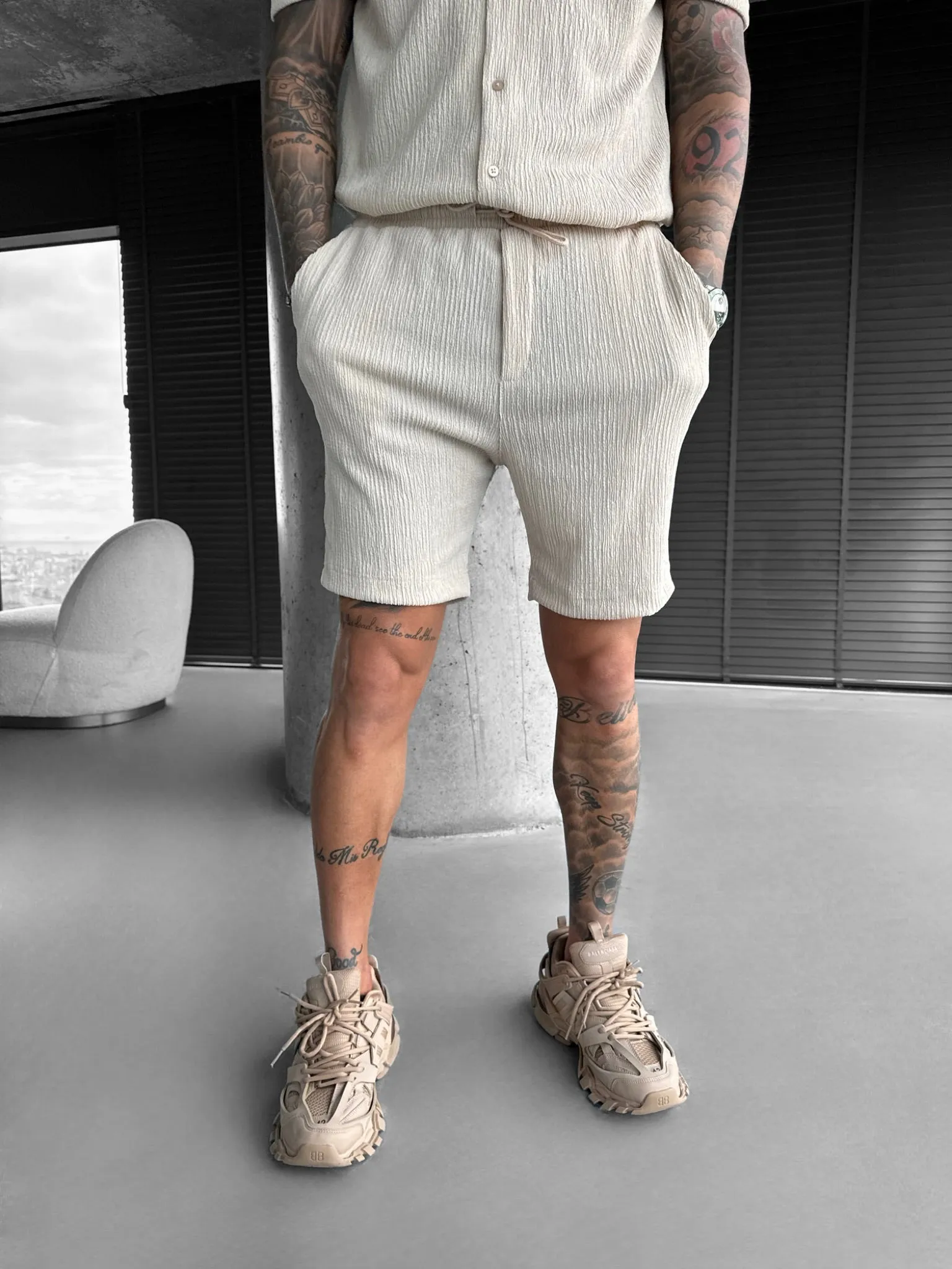 Loose Fit Crepe Shorts - Beige