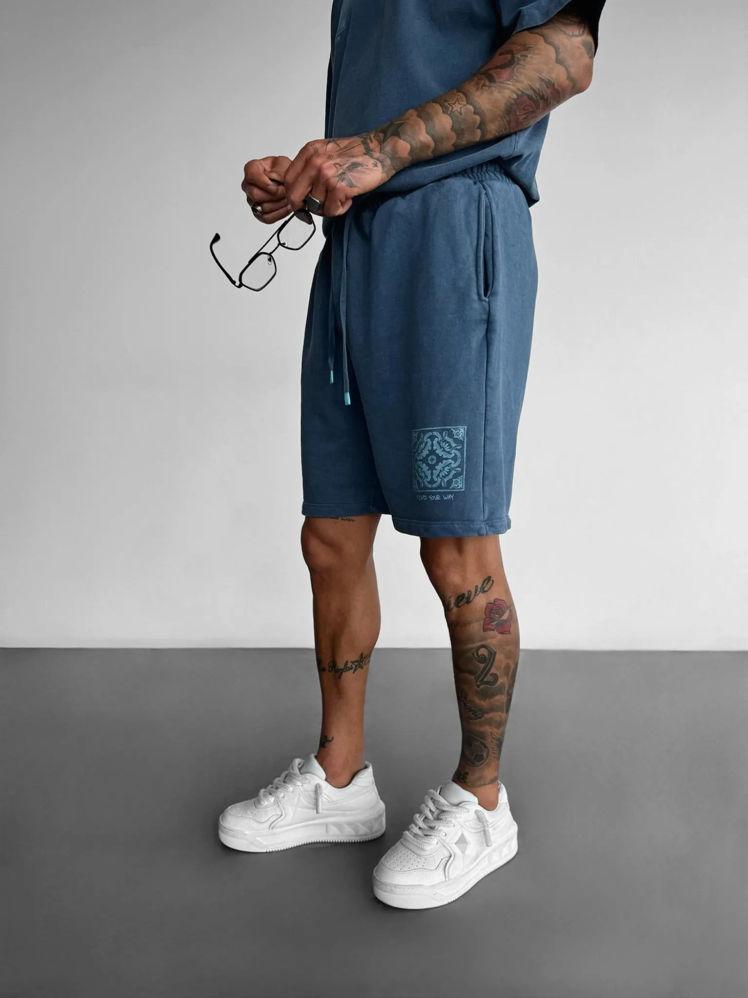 Loose Fit Printed Washed Shorts - Blue