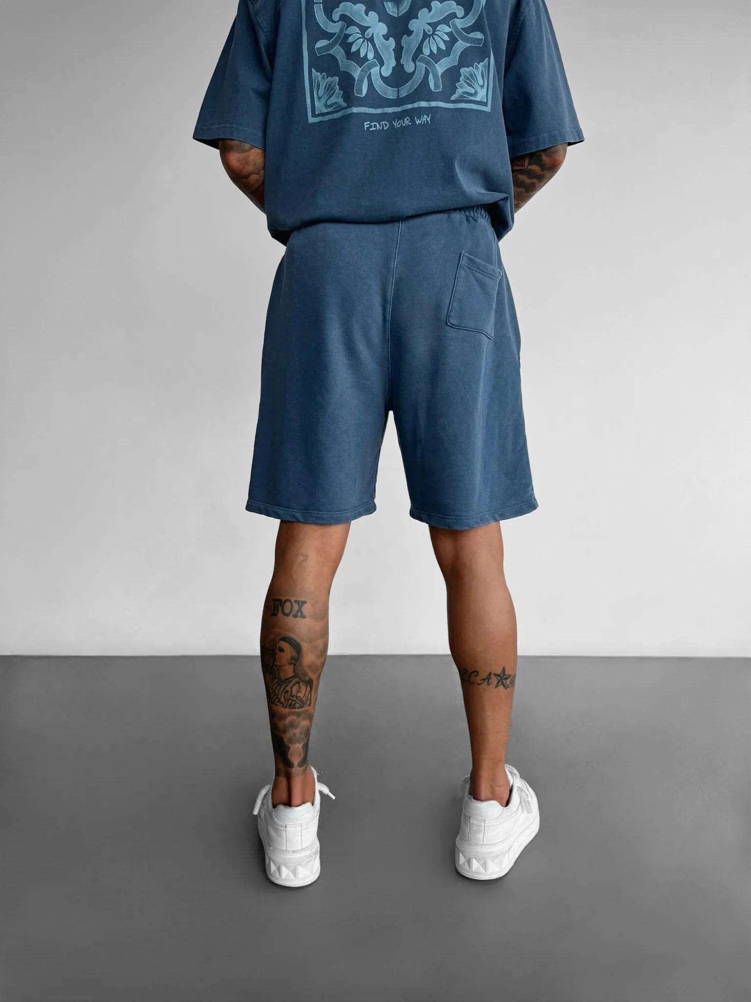Loose Fit Printed Washed Shorts - Blue