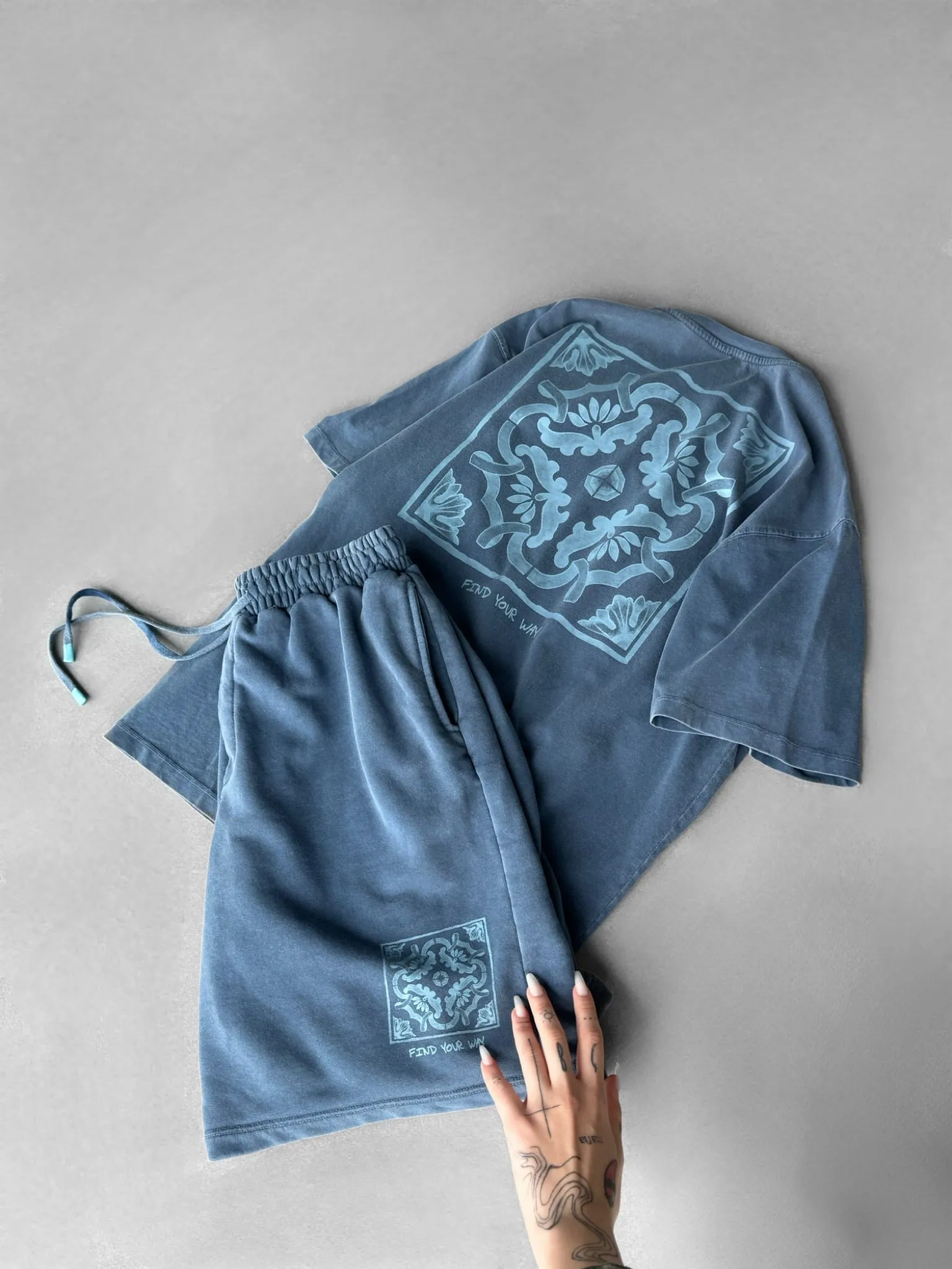 Loose Fit Printed Washed Shorts - Blue