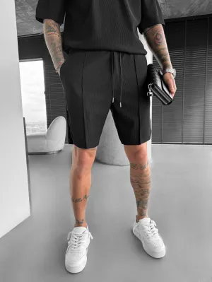 Loose Fit Textured Seam Shorts - Black