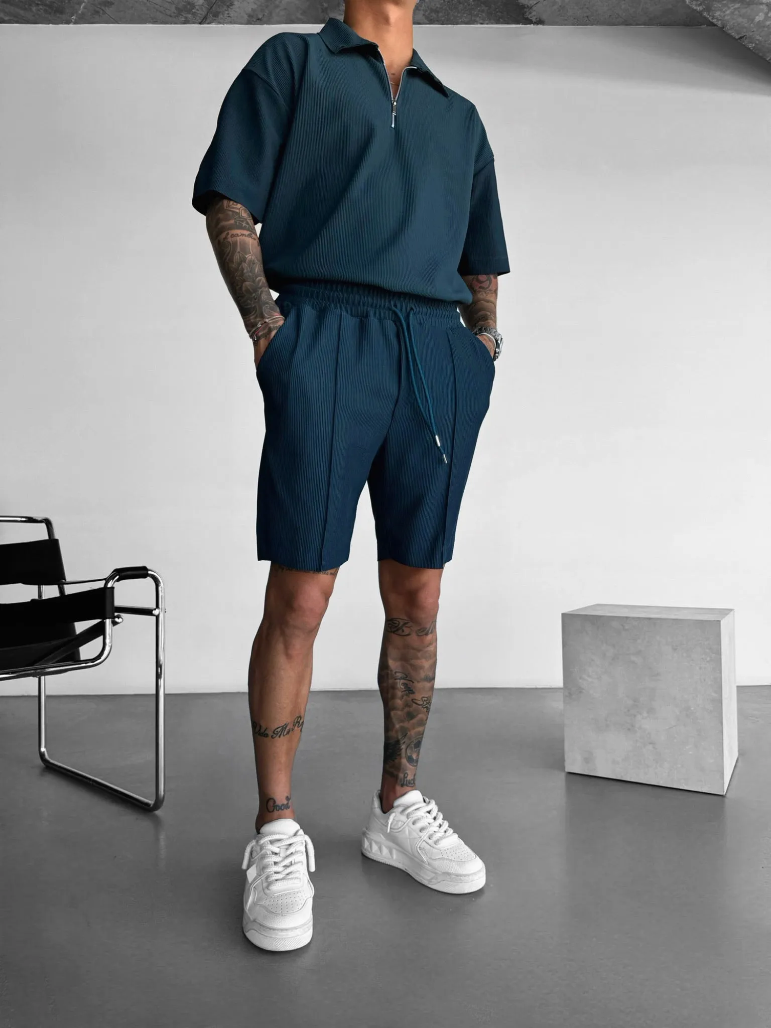 Loose Fit Textured Seam Shorts - Petrol