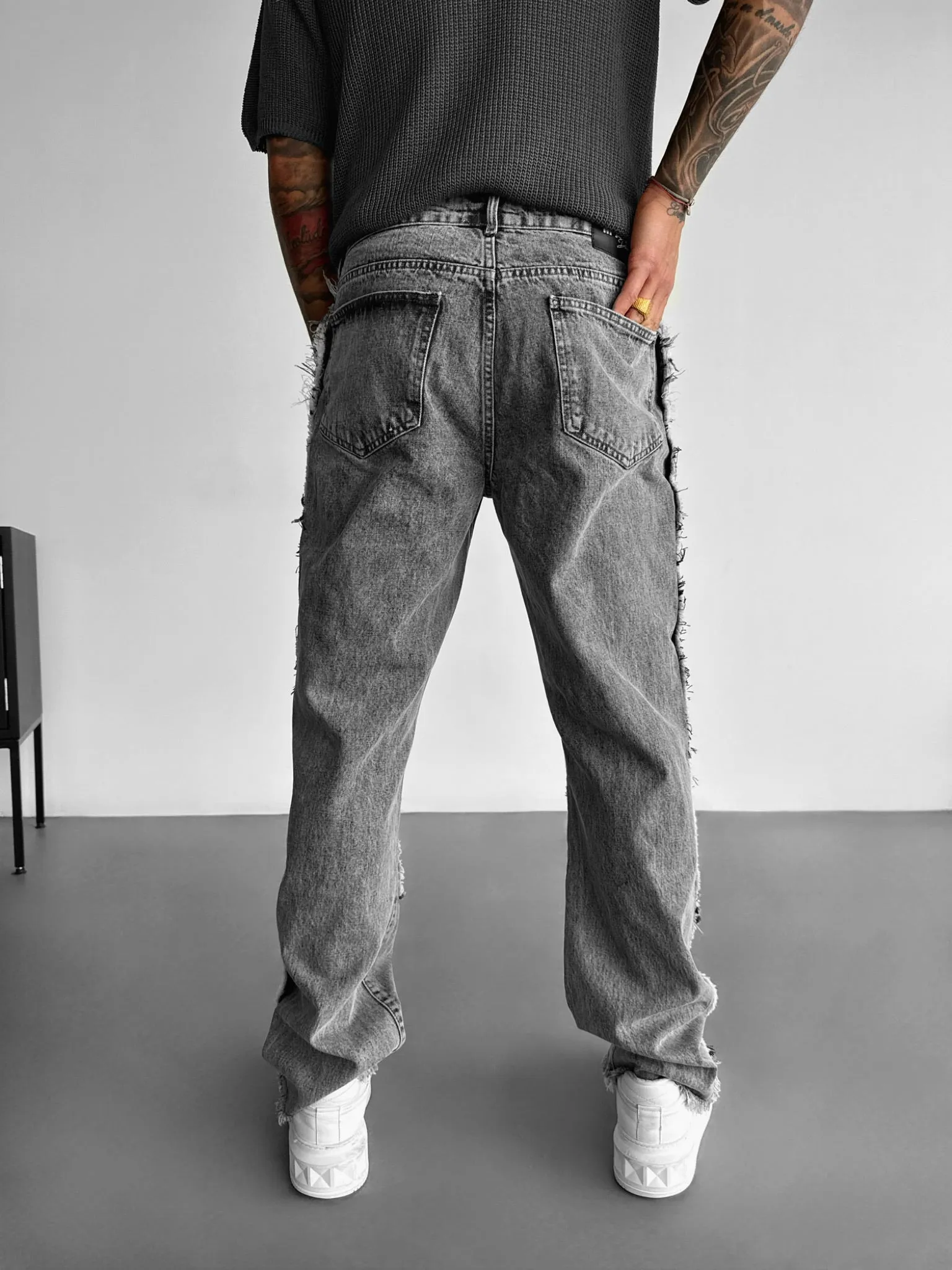 Loose Fit Torn Detail Jean - Light Grey