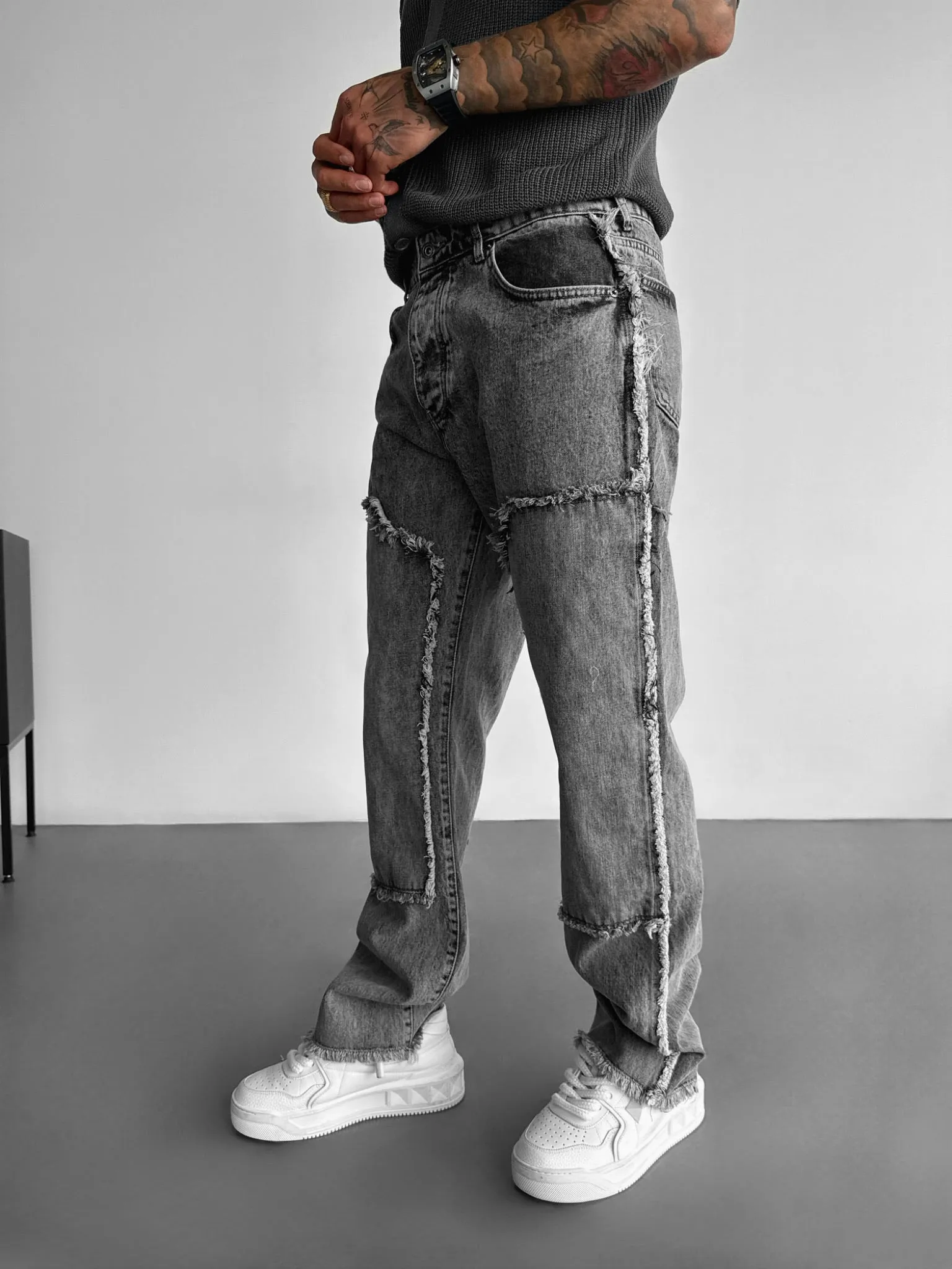 Loose Fit Torn Detail Jean - Light Grey