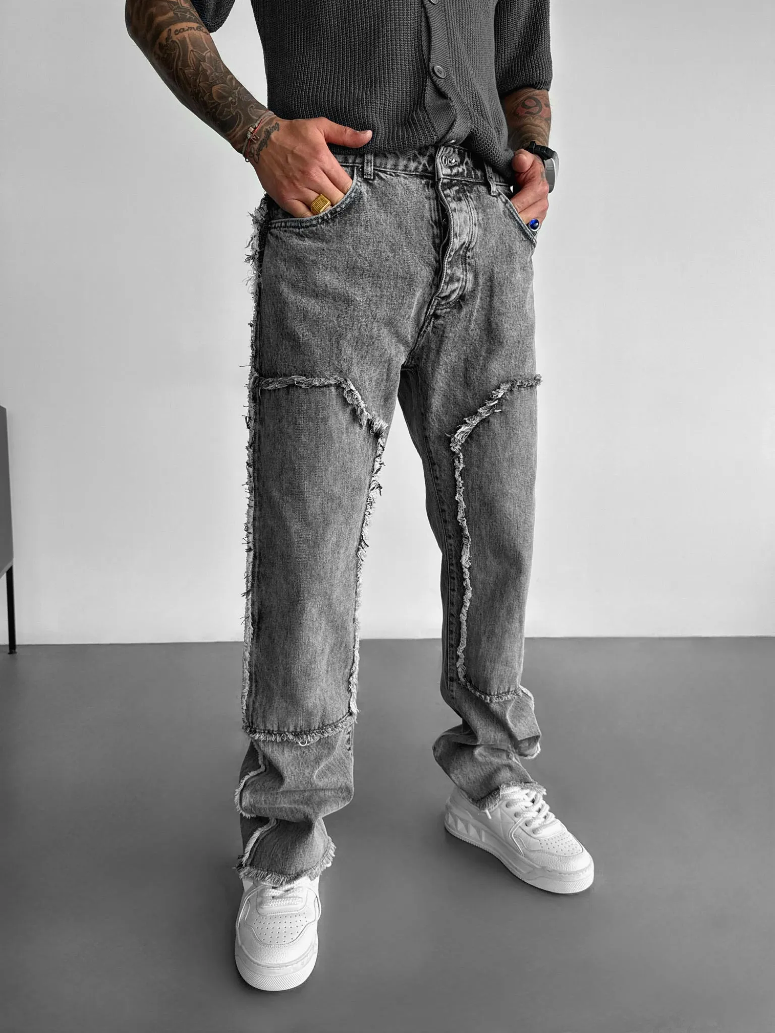Loose Fit Torn Detail Jean - Light Grey