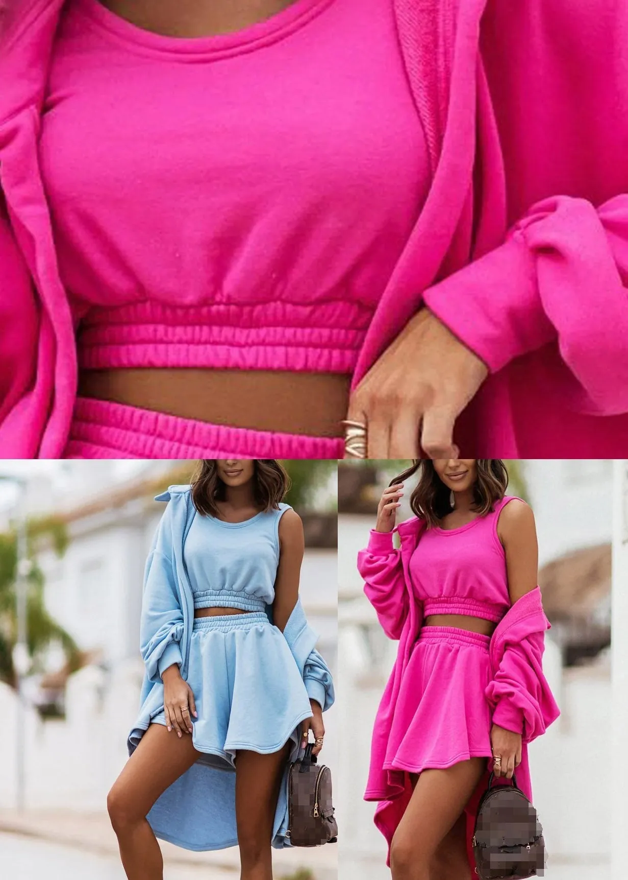 Loose Light Blue Peter Pan Collar Button Coats Slip And Shorts Three Pieces Set Summer LY3893