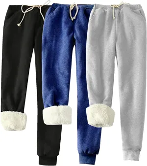 Lpmadey 3 Pack Womens Warm Fleece Sherpa Lined Sweatpants Drawstring Athletic Jogger Pant Trousers Tapered Lounge Yoga Pants