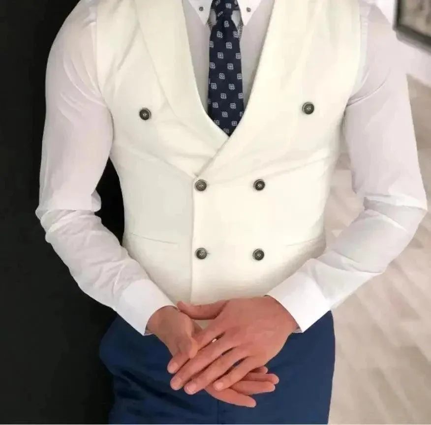 MadrekSTYLE-Classic Double Breasted Suit Vest White Notch Lapel Waistcoat