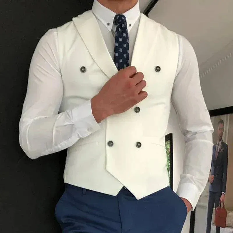 MadrekSTYLE-Classic Double Breasted Suit Vest White Notch Lapel Waistcoat