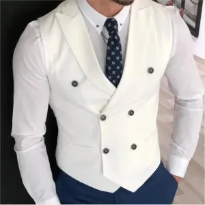 MadrekSTYLE-Classic Double Breasted Suit Vest White Notch Lapel Waistcoat