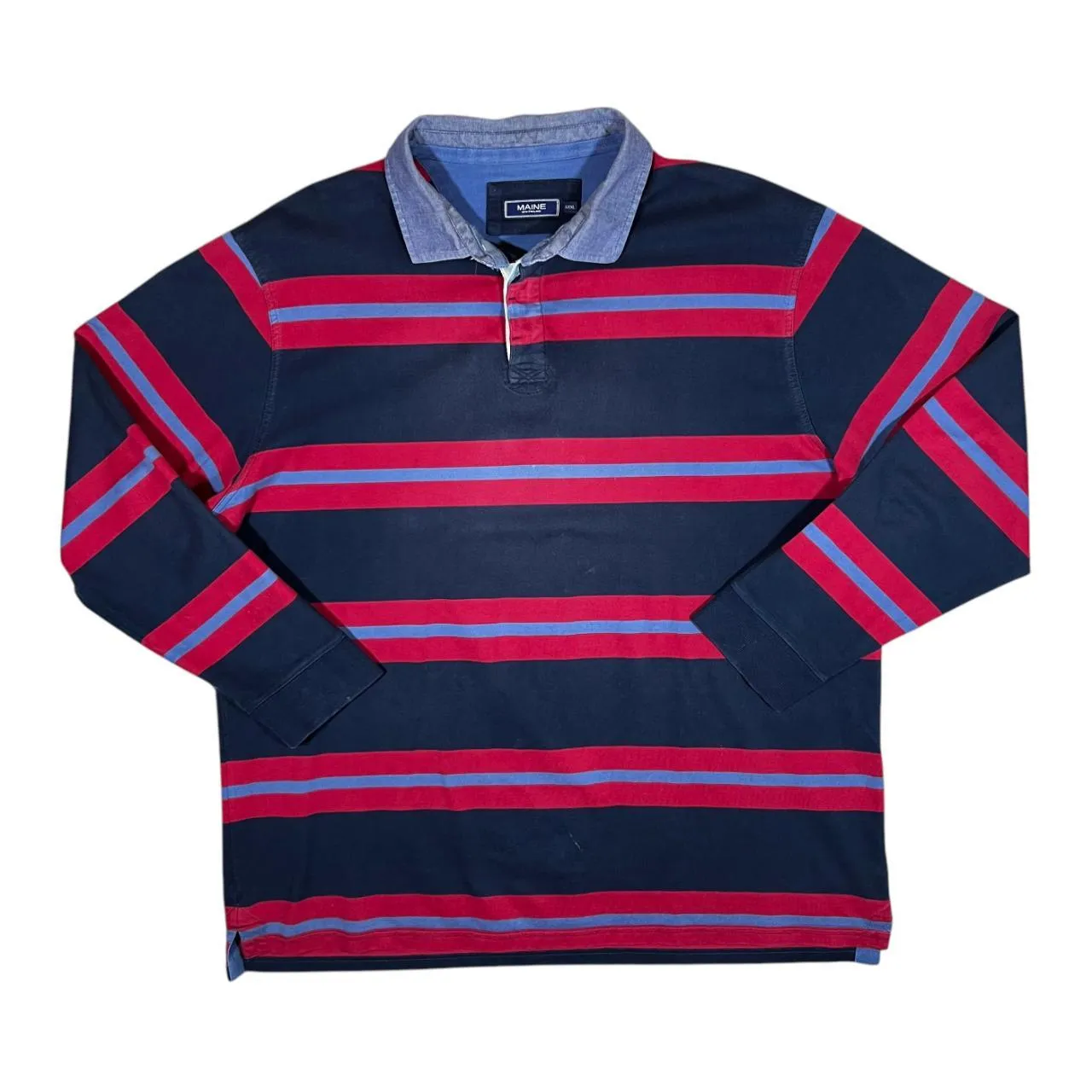 MAINE New England Denim Collared Colour Block Striped Long Sleeve Polo Shirt