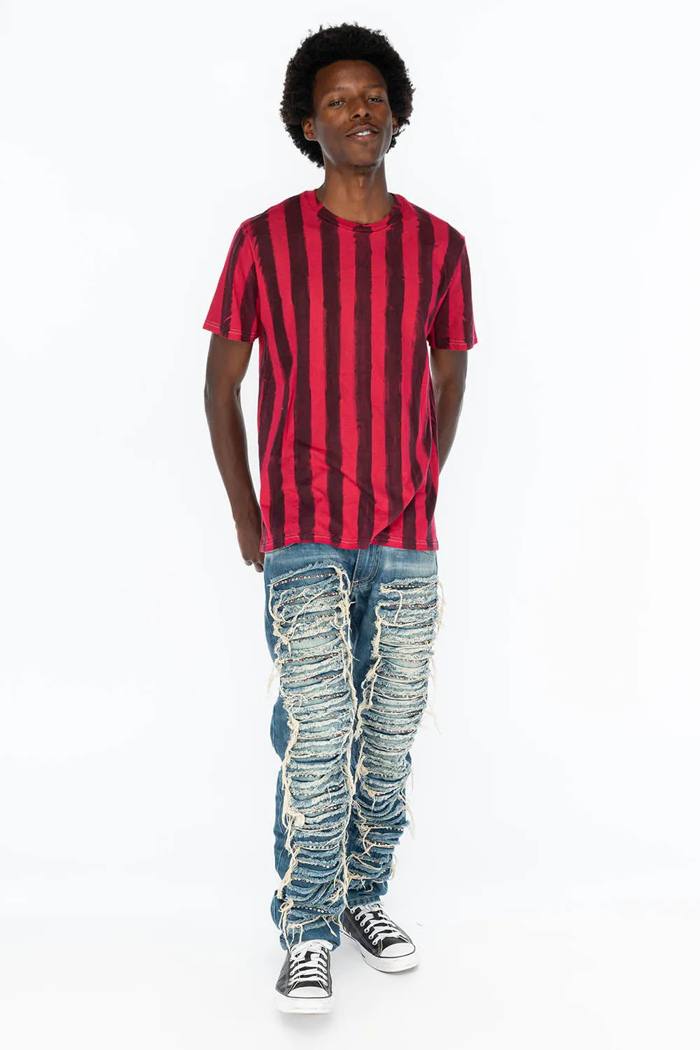 MARLON RIPPED,BROKEN HAND REPAIRED DENIM JEANS IN  MANDAN BLUE WITH STUDS AND CRYSTALS