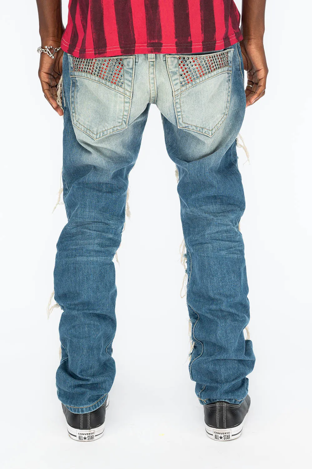 MARLON RIPPED,BROKEN HAND REPAIRED DENIM JEANS IN  MANDAN BLUE WITH STUDS AND CRYSTALS