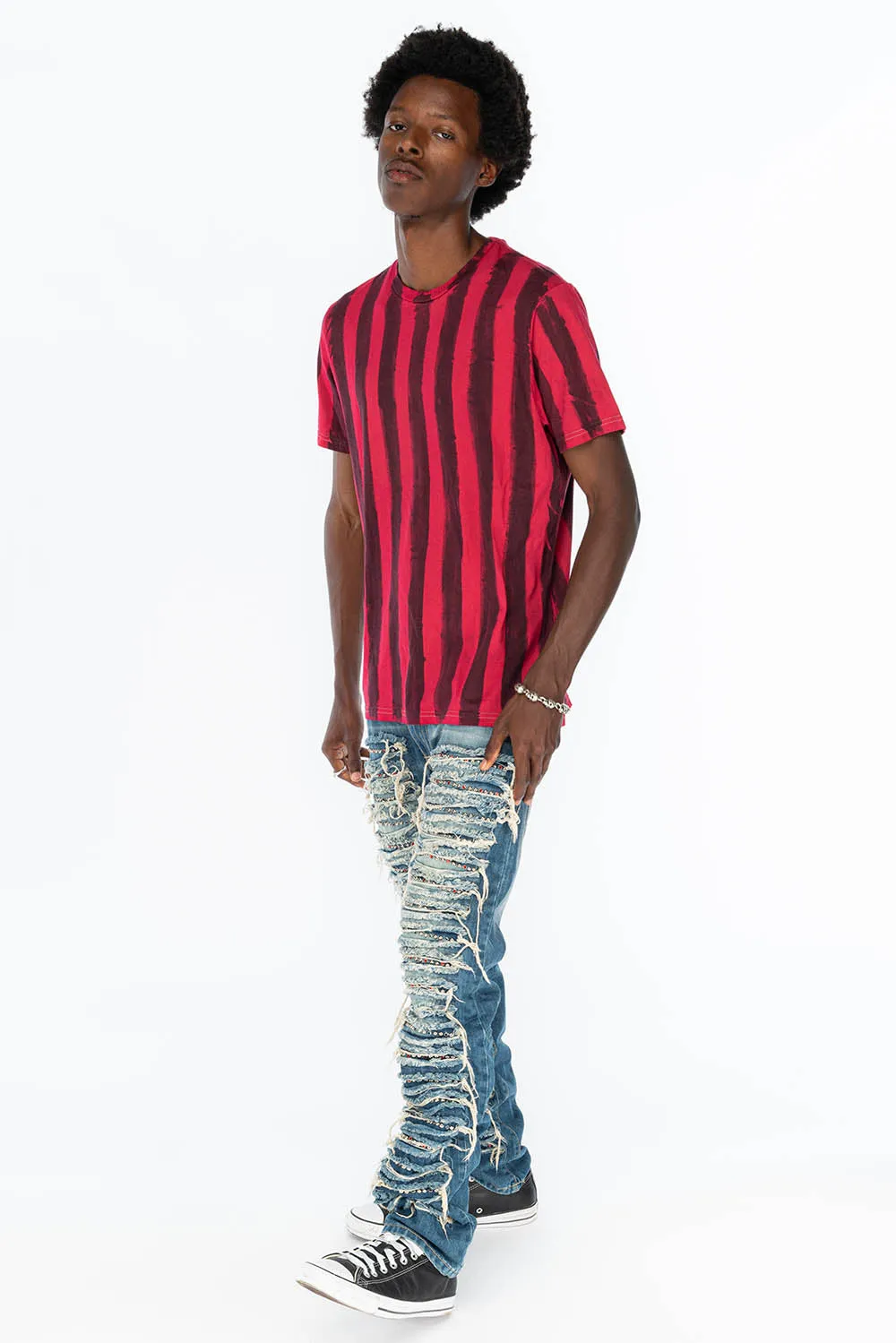 MARLON RIPPED,BROKEN HAND REPAIRED DENIM JEANS IN  MANDAN BLUE WITH STUDS AND CRYSTALS