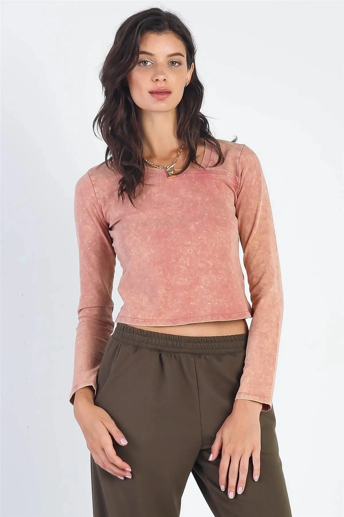Mauve Acid Wash Long Sleeve Crop Top /3-2-1