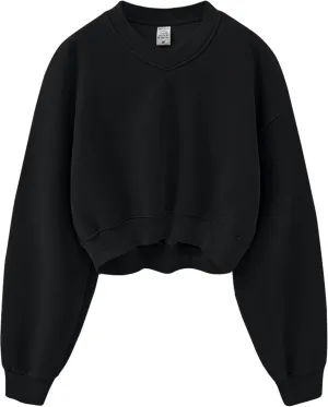 Meladyan Women Casual Cropped Sweatshirt Basic Solid Long Sleeve Fleece V Neck Loose Drop Shoulder Pullover Crop Tops Vintage