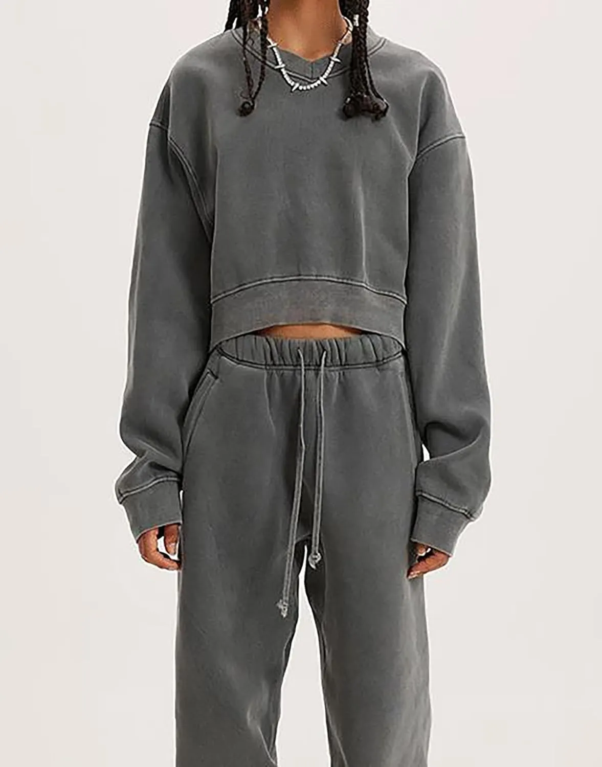 Meladyan Women Casual Cropped Sweatshirt Basic Solid Long Sleeve Fleece V Neck Loose Drop Shoulder Pullover Crop Tops Vintage