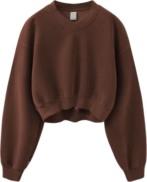 Meladyan Women Casual Cropped Sweatshirt Basic Solid Long Sleeve Fleece V Neck Loose Drop Shoulder Pullover Crop Tops Vintage
