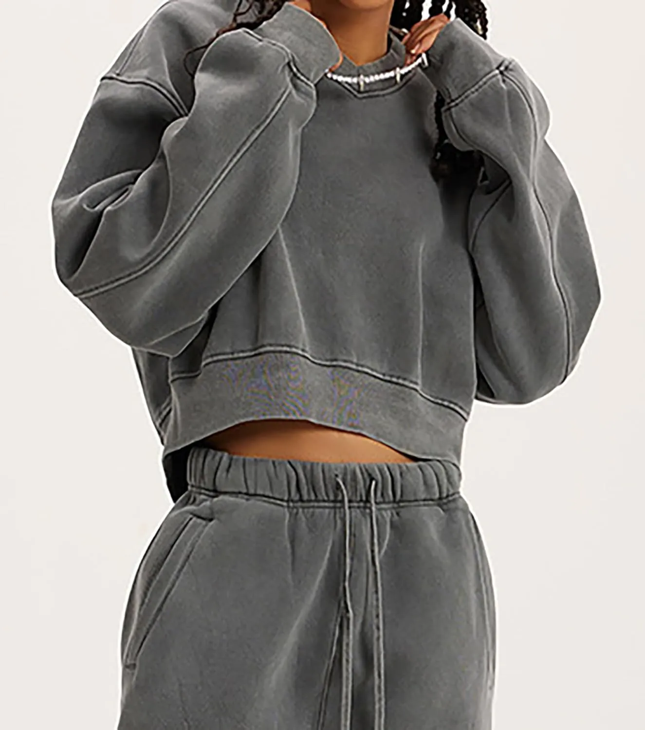 Meladyan Women Casual Cropped Sweatshirt Basic Solid Long Sleeve Fleece V Neck Loose Drop Shoulder Pullover Crop Tops Vintage