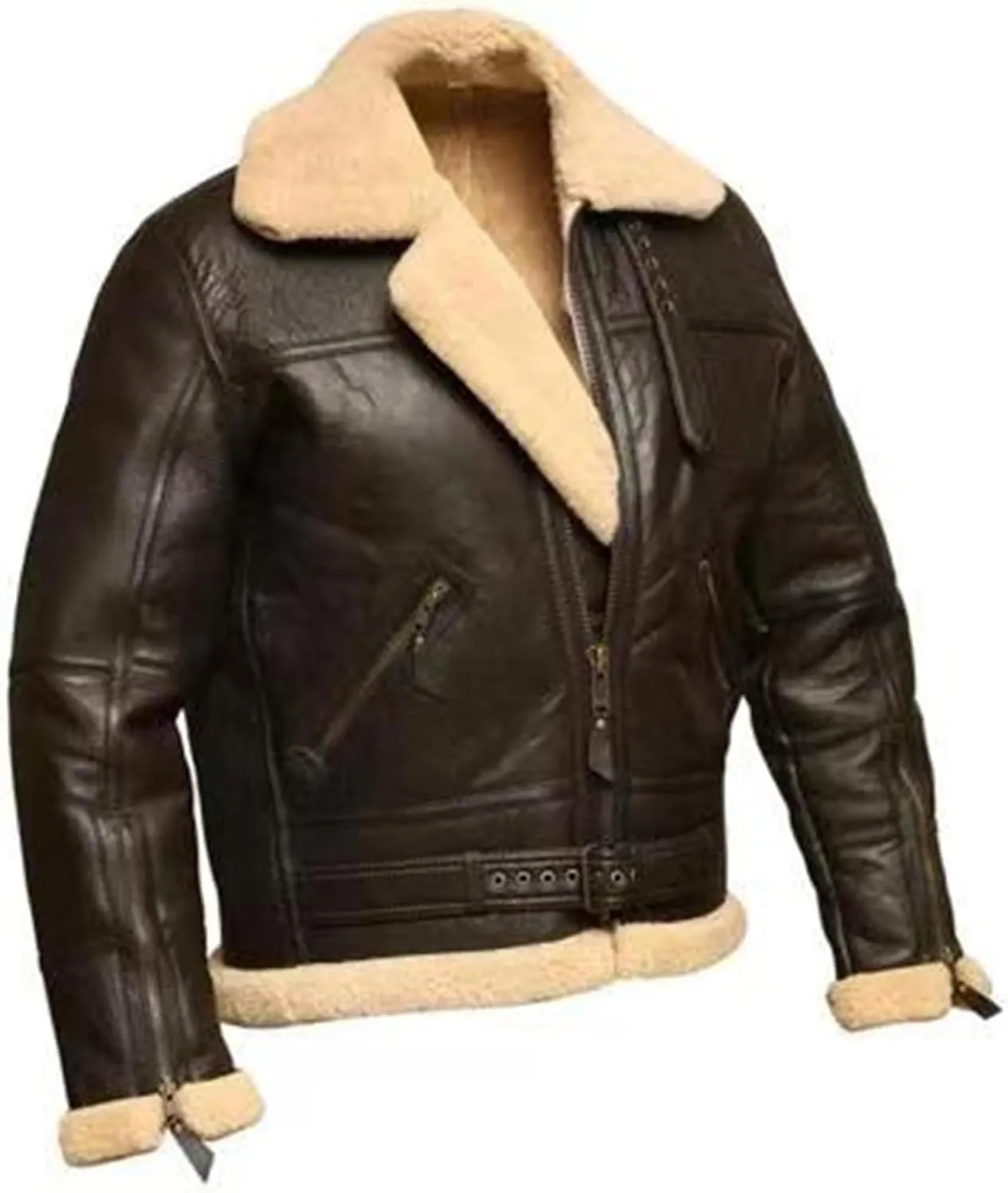 Men Aviator Bomber Coat Faux Shearling Sheepskin Leather Jacket Fur Lined Bomber Jackets Thickening Outercoat