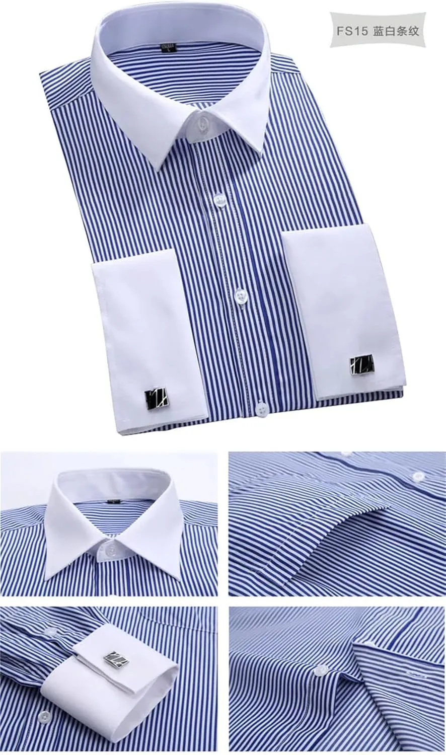 Men Classic French Cuffs Dress Shirt Long Sleeve Covered Placket Formal Business Standard-Fit Office Work Shirts