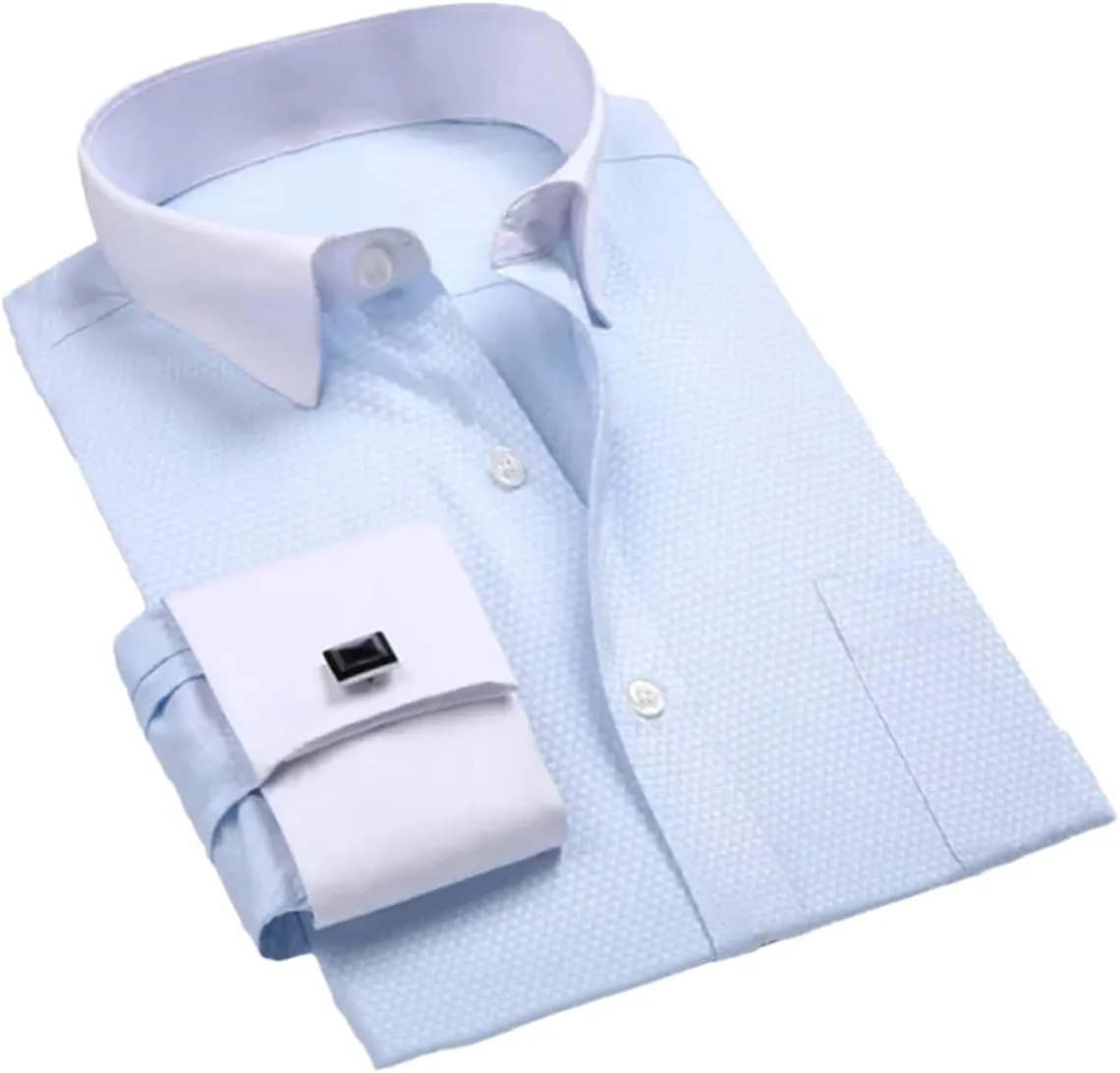Men Classic French Cuffs Dress Shirt Long Sleeve Covered Placket Formal Business Standard-Fit Office Work Shirts