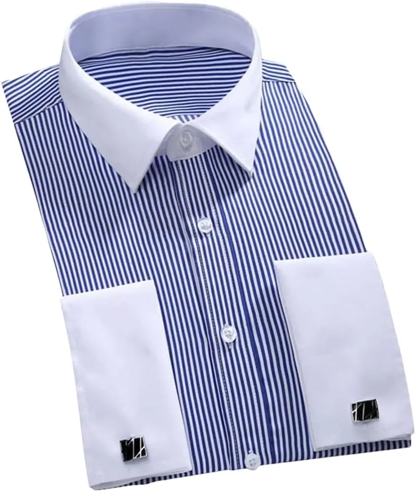 Men Classic French Cuffs Dress Shirt Long Sleeve Covered Placket Formal Business Standard-Fit Office Work Shirts