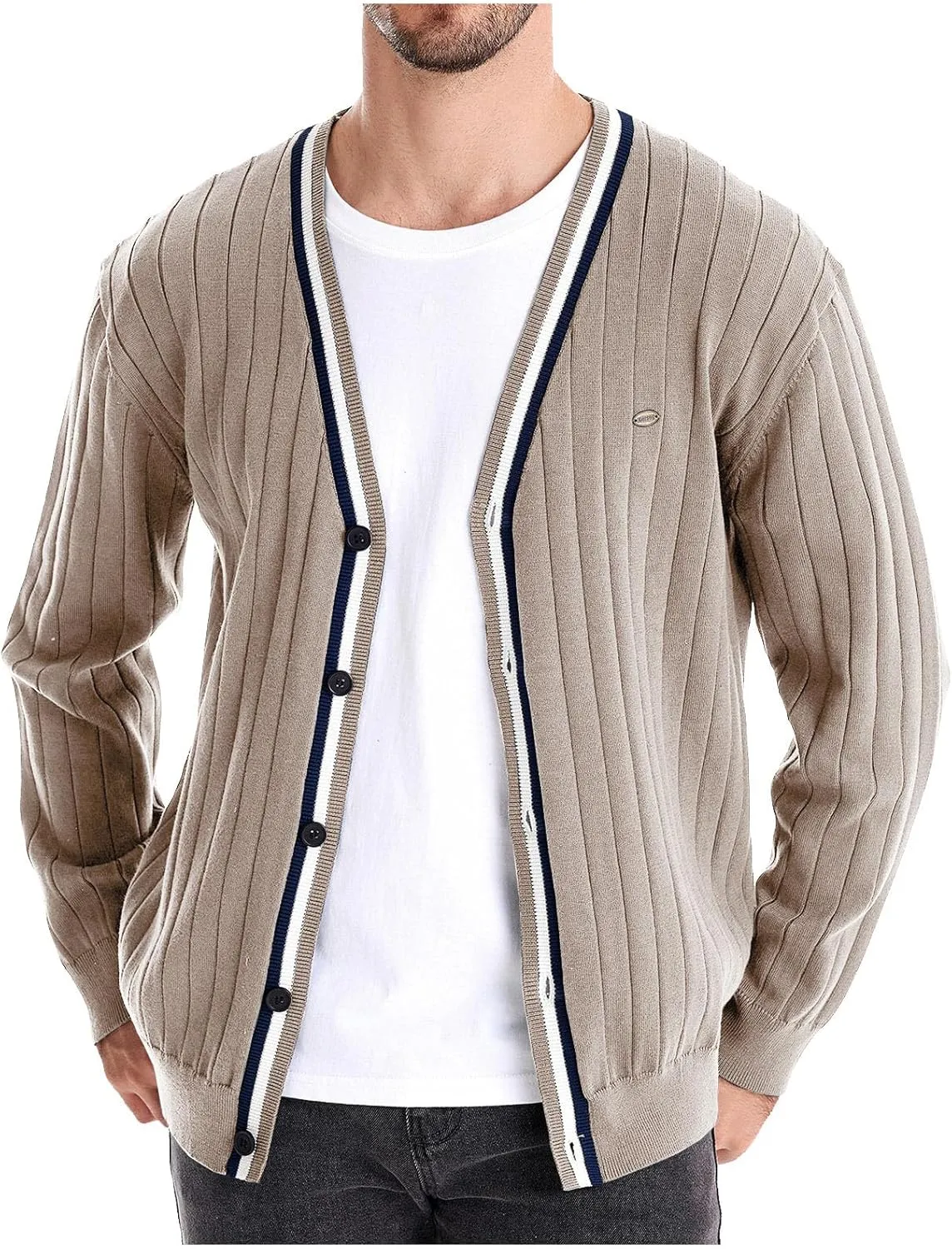 Men Ribbed Button Down Sweaters Casual Long Sleeve V Neck Knitted Cardigan Lightweight Sweater Coats Preppy Clothes