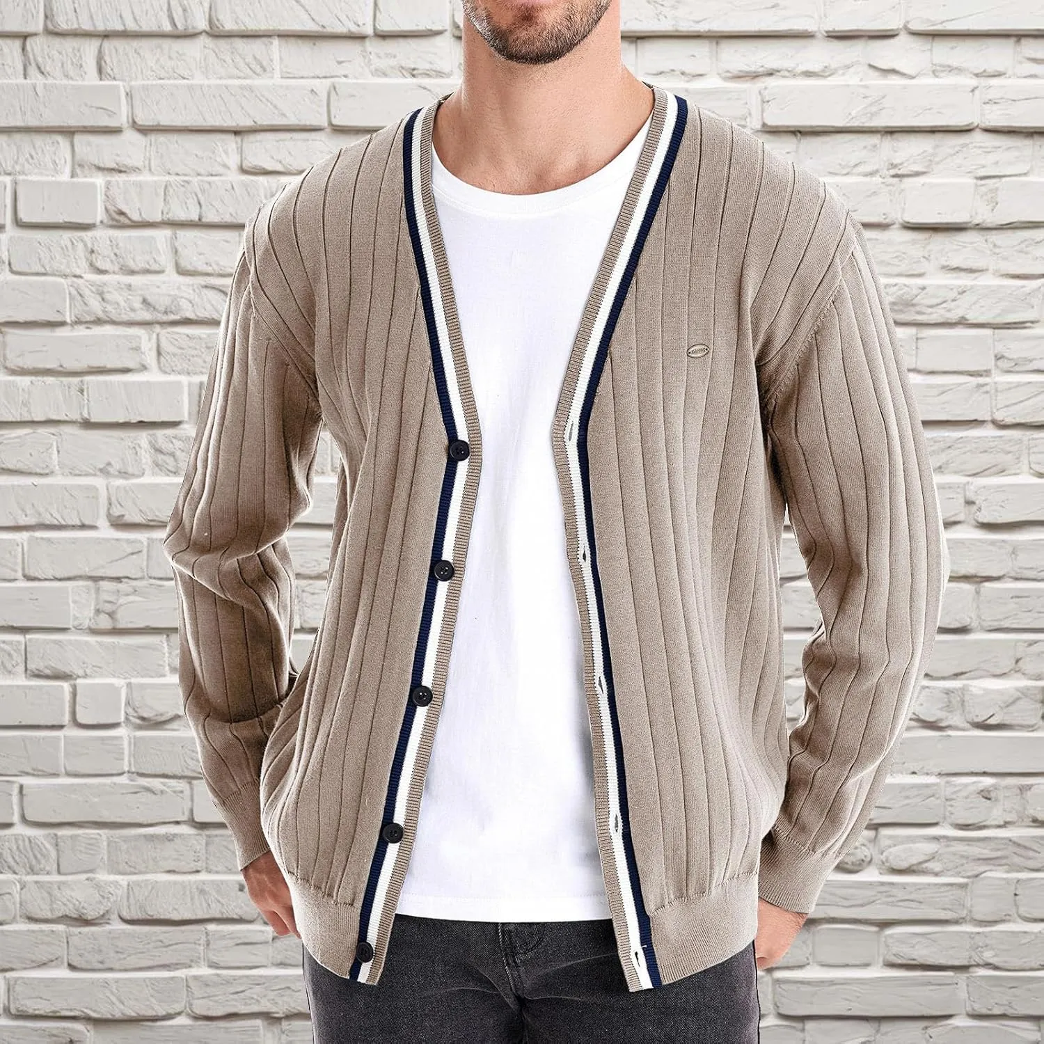 Men Ribbed Button Down Sweaters Casual Long Sleeve V Neck Knitted Cardigan Lightweight Sweater Coats Preppy Clothes