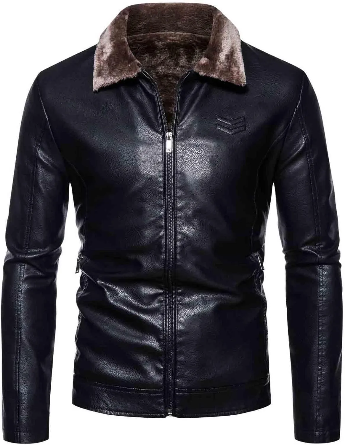 Men Sherpa Lined Faux Leather Jacket Winter Fleece Lined Coat Vintage Zip Up Slim Fit Motorcycle Bomber Jacket