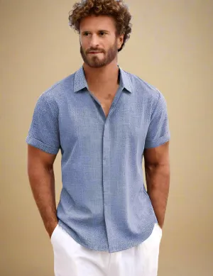 Men Short Sleeve Blue Linen Shirt