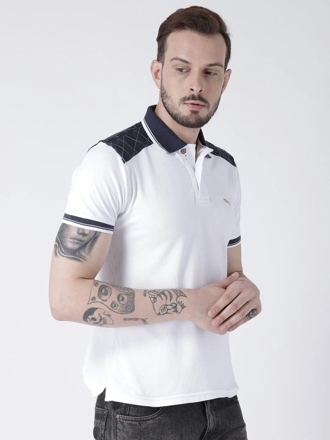 Men White Solid Polo T-shirt