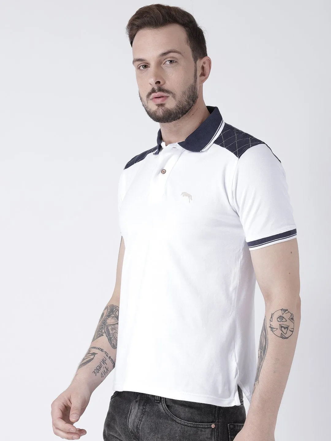Men White Solid Polo T-shirt
