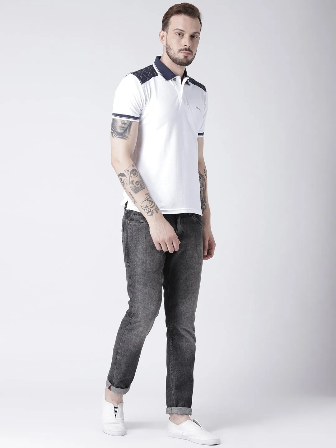 Men White Solid Polo T-shirt