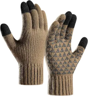 Men Winter Gloves Women Men Winter Gloves Warm Touchscreen Thermal Knit Elastic Soft Wool Glove for Cold Weather Wool Gloves (Khaki, One Size)