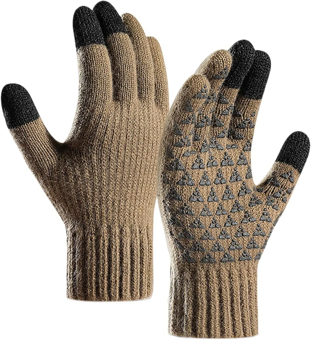 Men Winter Gloves Women Men Winter Gloves Warm Touchscreen Thermal Knit Elastic Soft Wool Glove for Cold Weather Wool Gloves (Khaki, One Size)