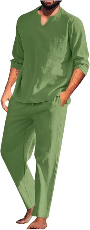 Men's 2 Piece Linen Set Long Sleeve Comfy Henley Shirts Casual Beach Pants With Pockets Summer Breathable Yoga Outfits