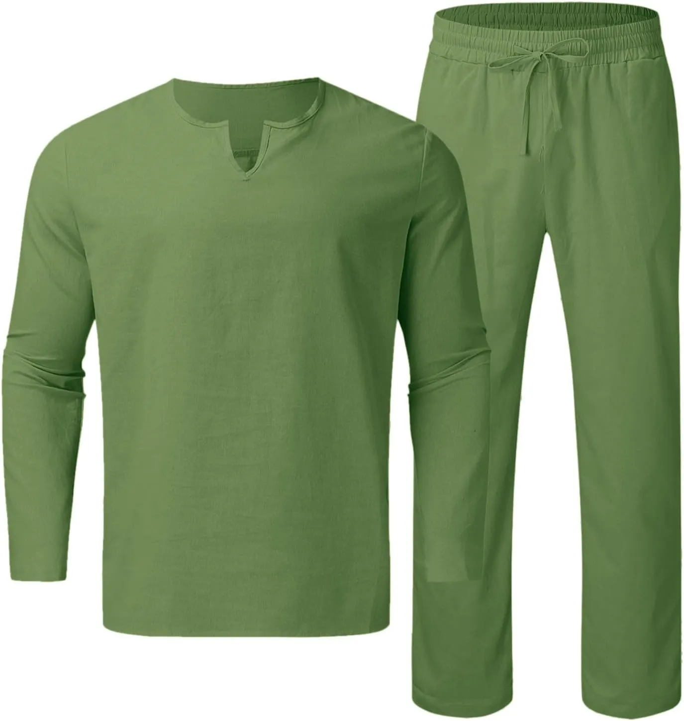 Men's 2 Piece Linen Set Long Sleeve Comfy Henley Shirts Casual Beach Pants With Pockets Summer Breathable Yoga Outfits