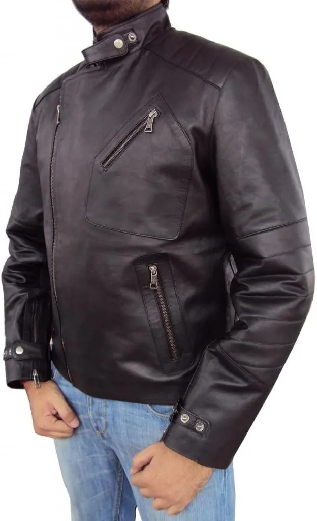 Men's Asymmetric Lambskin Leather Designer Moto Biker Jacket