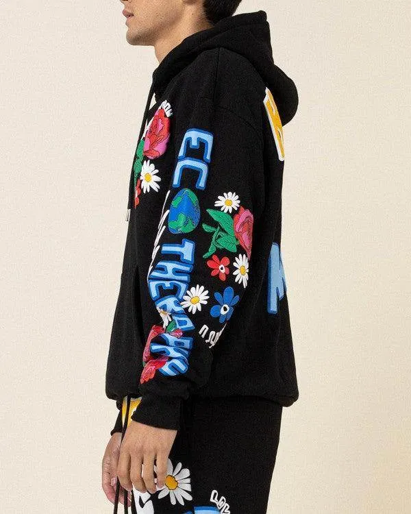 Mens Black Flower Puff Print Hoodie