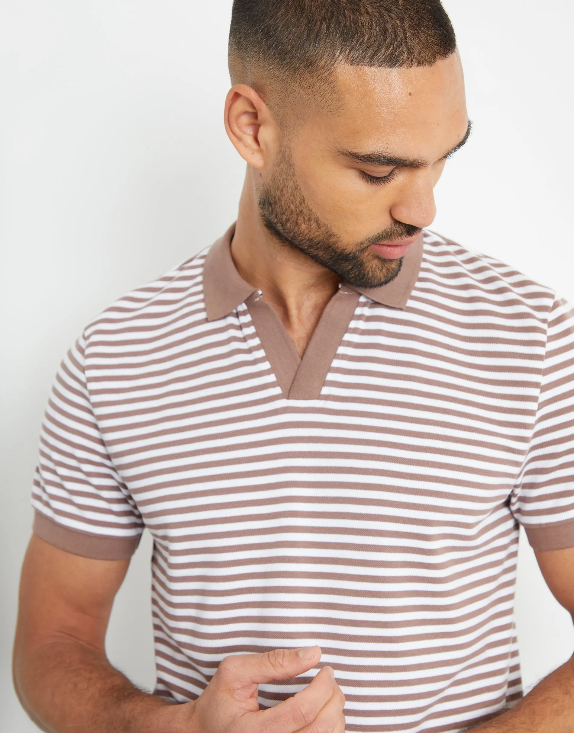 Men's Brown & White Stripe Open Neck Collar Polo Shirt