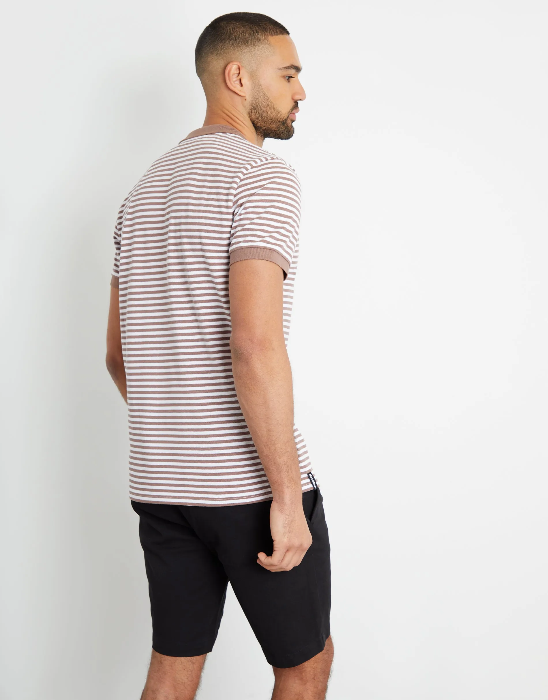 Men's Brown & White Stripe Open Neck Collar Polo Shirt
