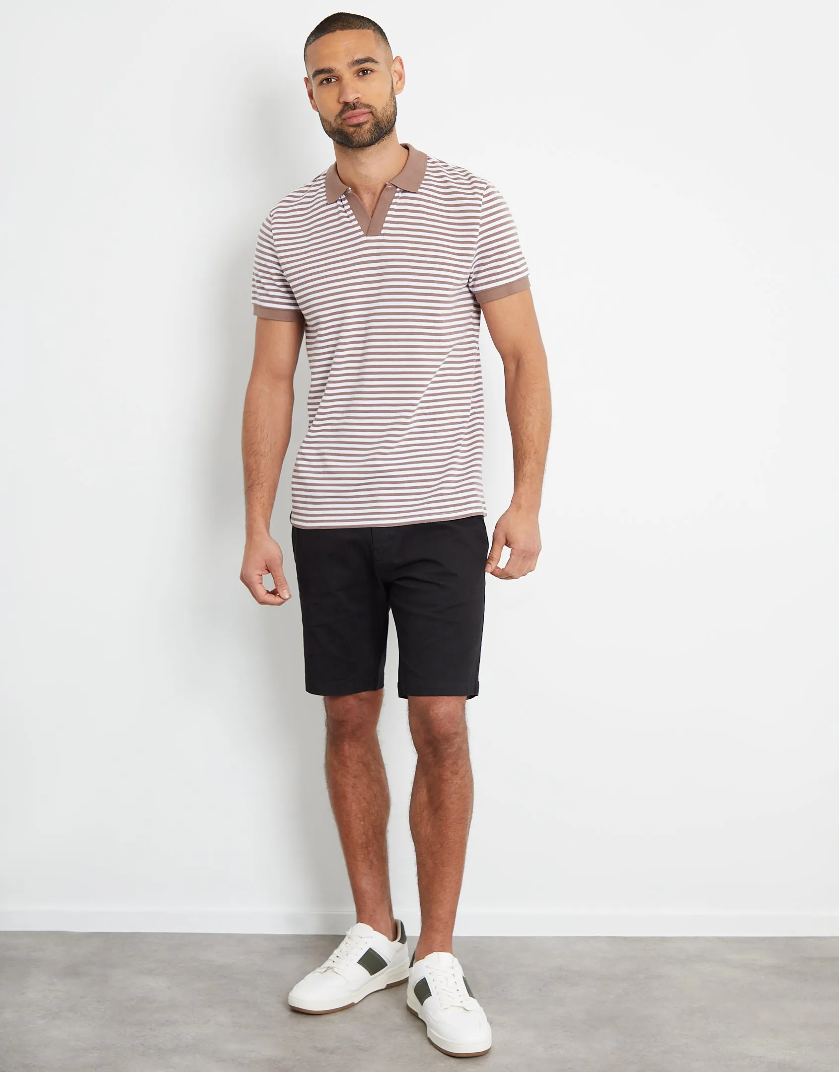 Men's Brown & White Stripe Open Neck Collar Polo Shirt