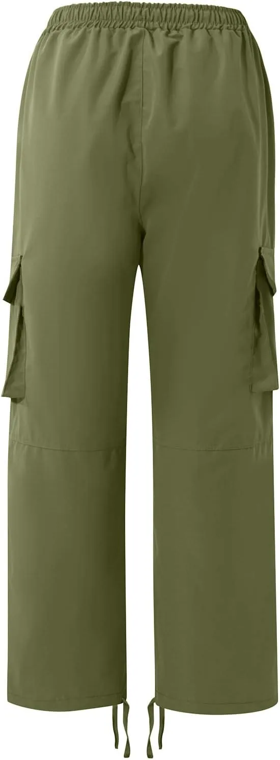 Mens Cargo Pants Casual Drawstring Waist Parachute Pants Baggy Outdoor Adjustable Hiking Pants with Multi Pockets