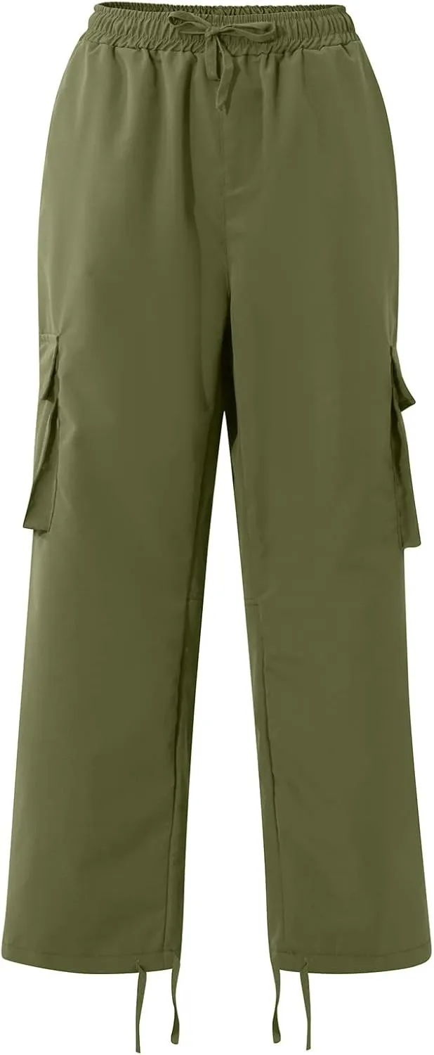 Mens Cargo Pants Casual Drawstring Waist Parachute Pants Baggy Outdoor Adjustable Hiking Pants with Multi Pockets