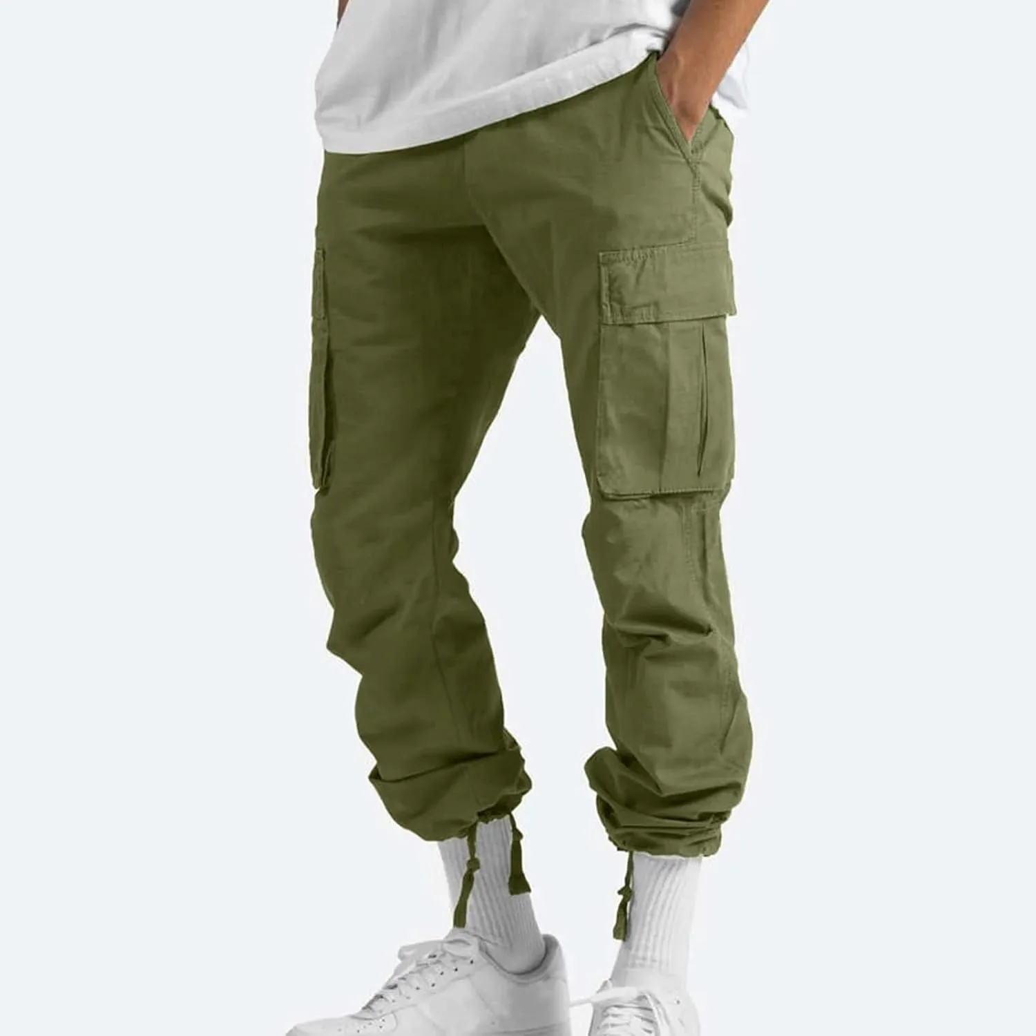 Mens Cargo Pants Casual Drawstring Waist Parachute Pants Baggy Outdoor Adjustable Hiking Pants with Multi Pockets